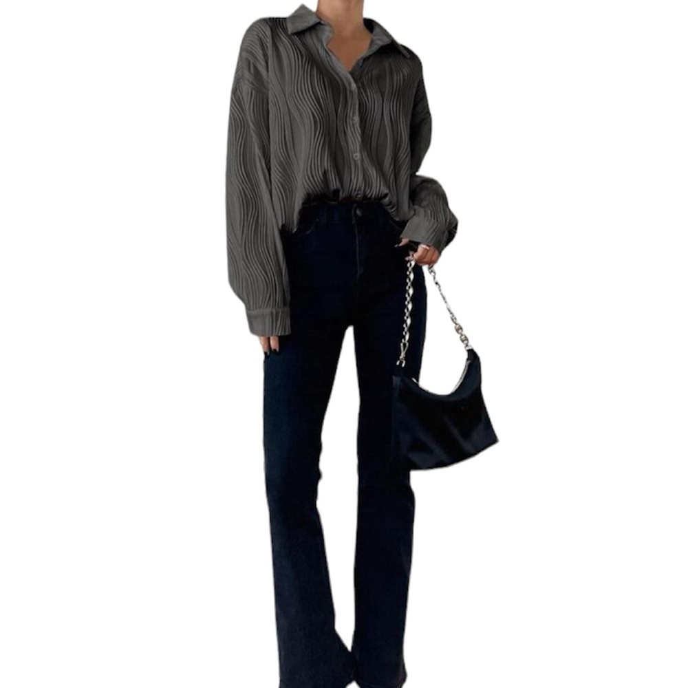 Drop Shoulder Textured Button Down Shirt. Charcoal Gray. Size Medium